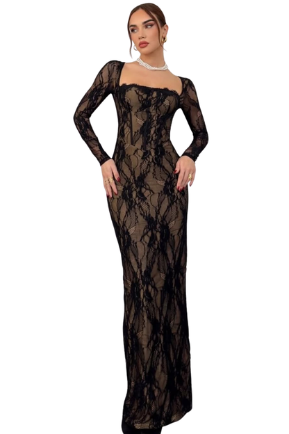 Vestido longo de renda Nior - Preto