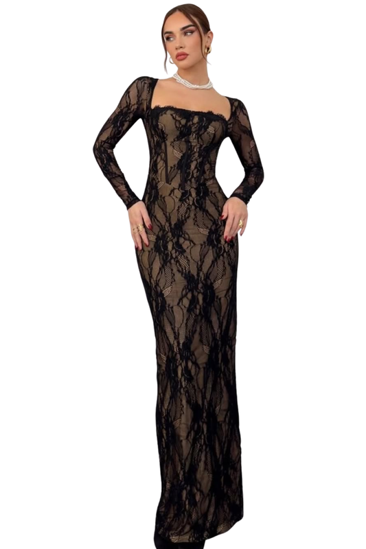 Vestido longo de renda Nior - Preto